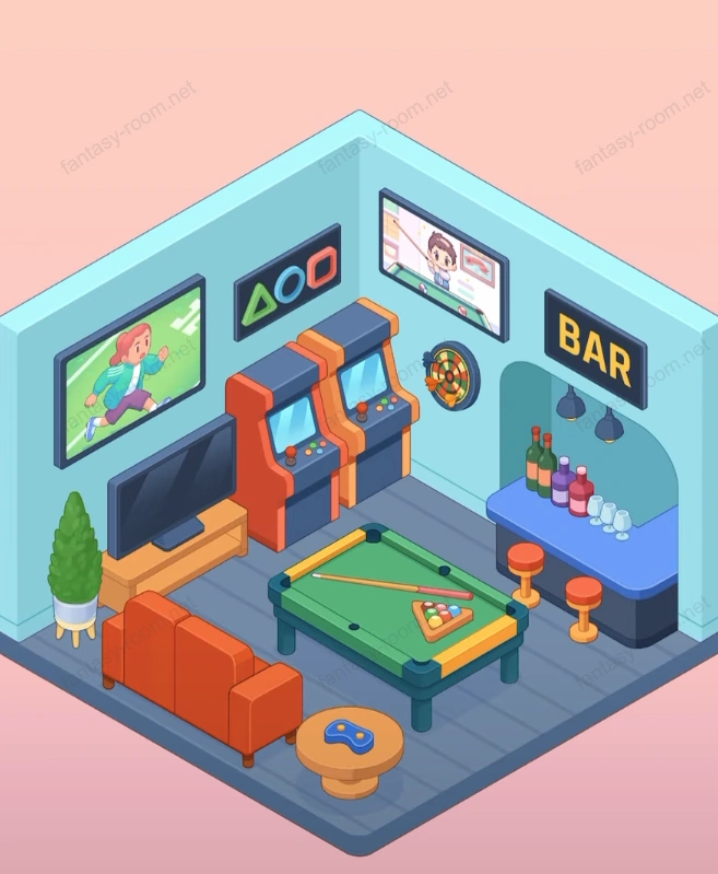 Fantasy Room स्तर पूल टेबल और आर्केड के साथ बार